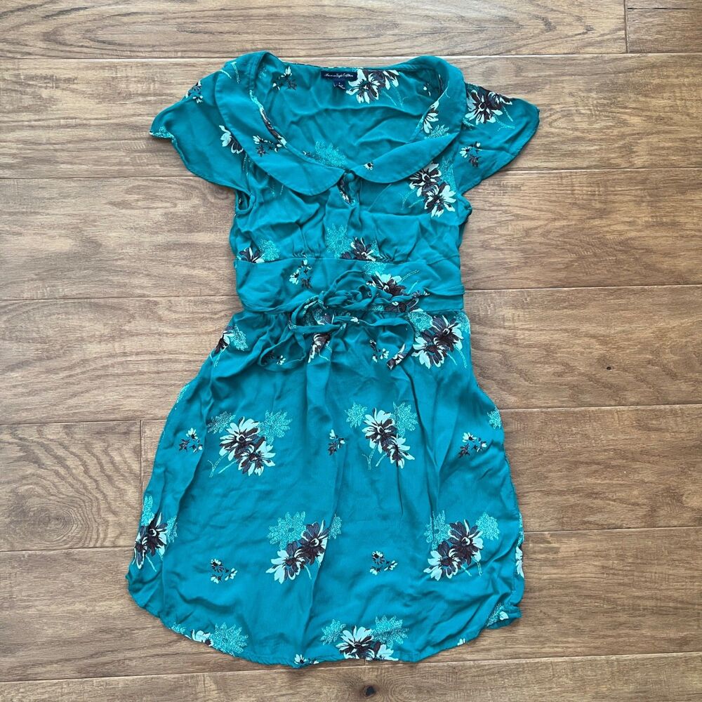 American Eagle Floral Mini Dress Size 4 Teal/Black Peter Pan Collar